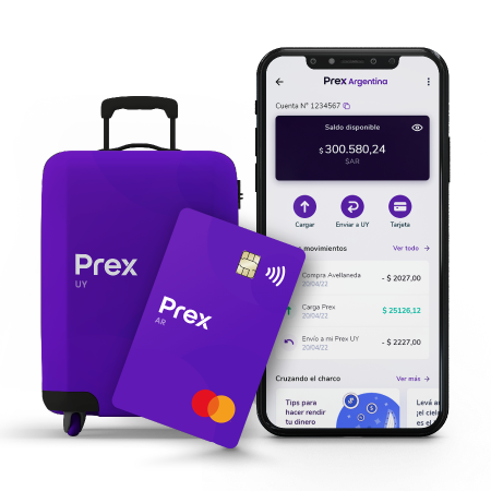 Ilustración de una valija, junto a una tarjeta Prex y un dispositivo móvil utilizando la App de Prex.