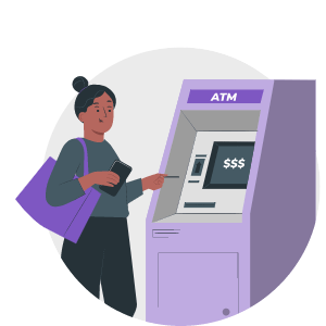 Ilustración de una persona retirando dinero de un cajero automático.