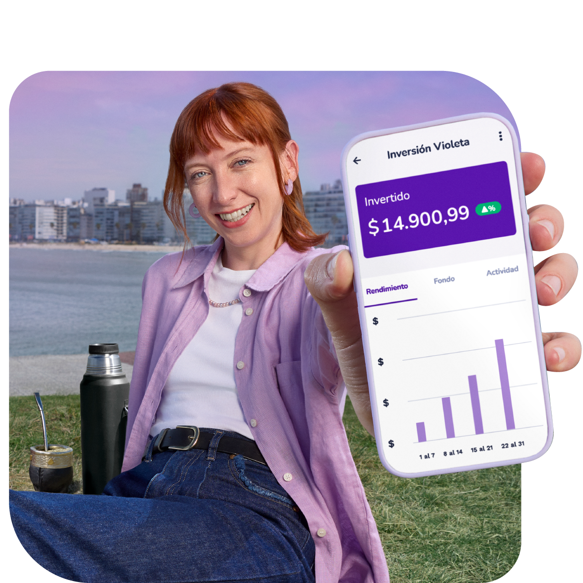 Ilustración de una mujer utilizando la App de Prex para su cuenta remunerada.