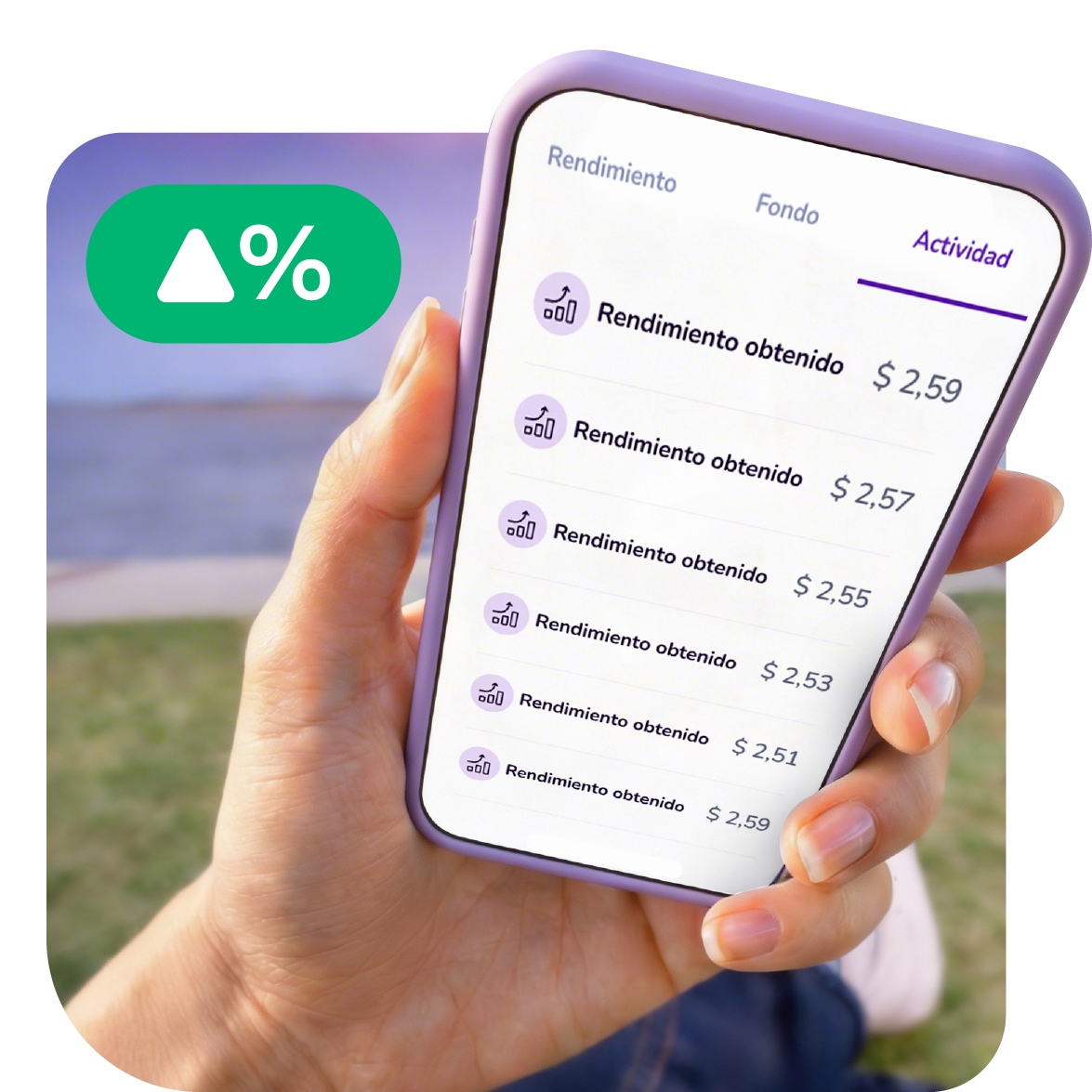 imagen de un celular mostrando movimientos de la cuenta inversión en la App de Prex.
