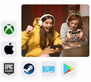 Logos de diferentes plataformas de videojuegos y jóvenes jugando